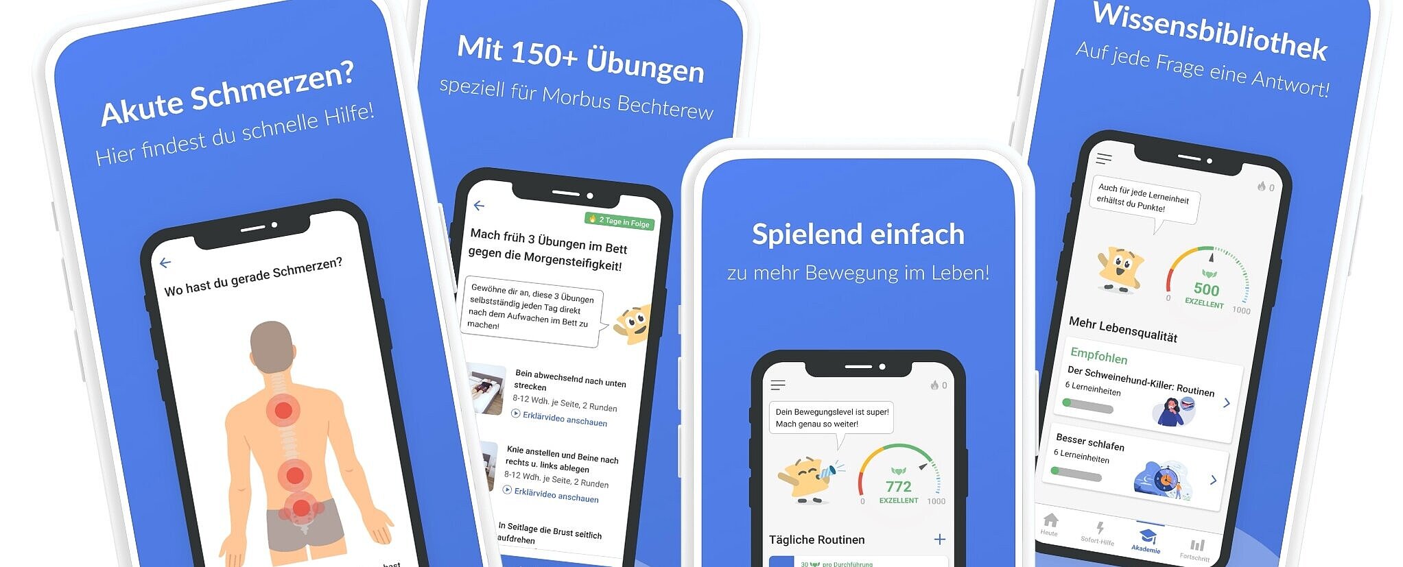 App Axia Collage mit vier Rahmen von Canva und Screenshots vom Mobiltelefon mit verschiedenen Funktionen der App