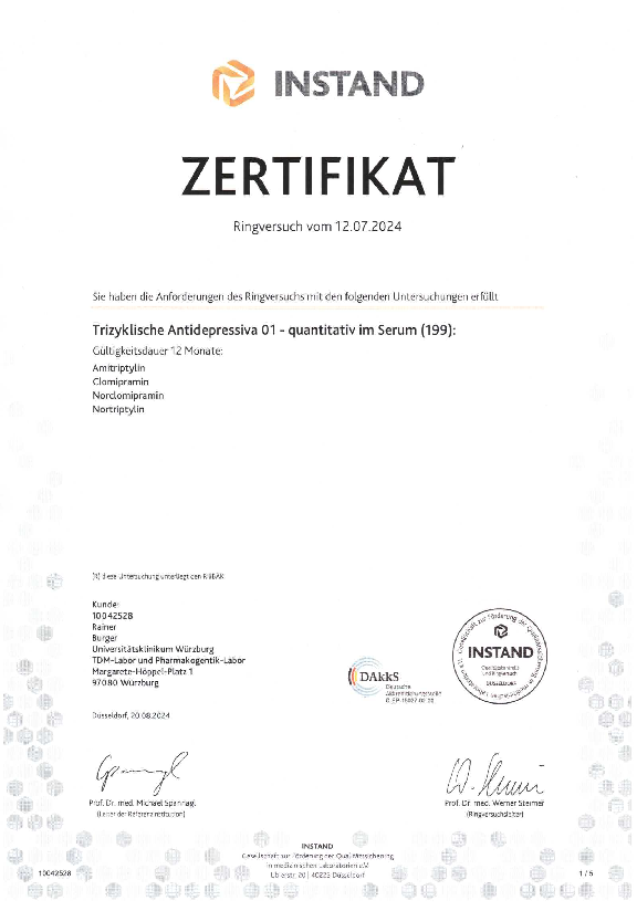 Zertifikat RV Instand 07_2024 Trizyklische Antidepressiva 01 - quantitativ im Serum