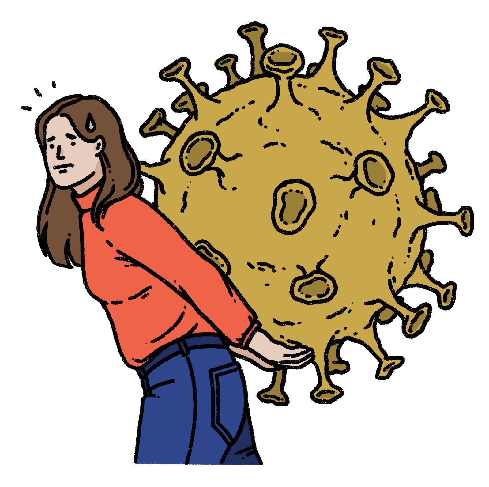 Die Grafik zeigt eine Frau, die ein riesiges Corona-Virus auf dem Rücken trägt. 