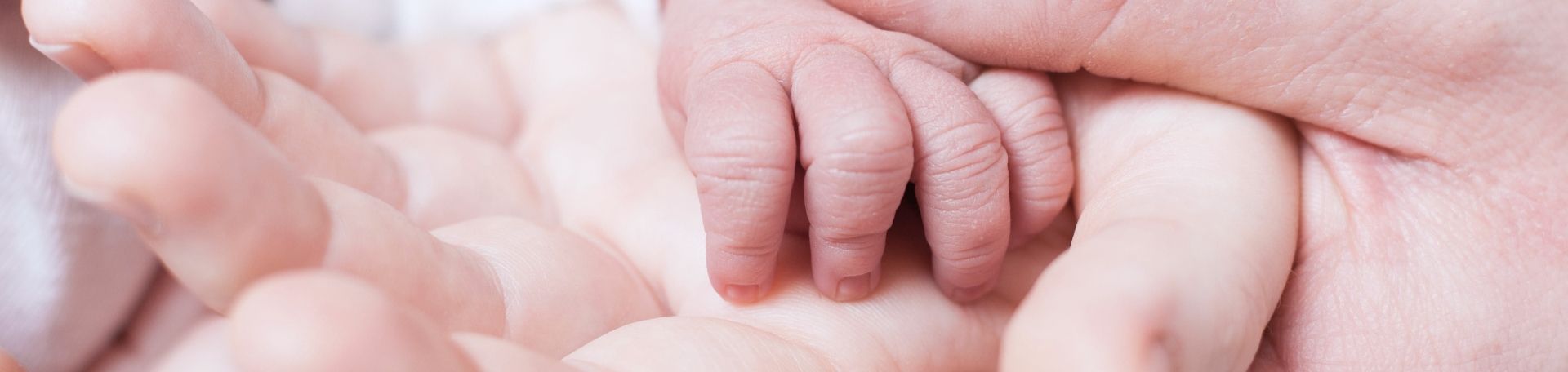 Nahaufnahme der Hand eines Babys, die von beiden Händen der Eltern gehalten wird