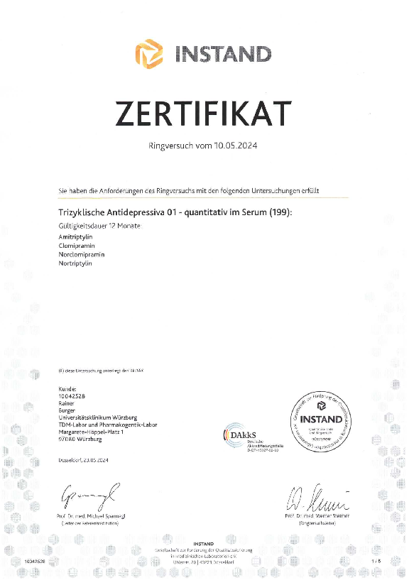 Zertifikat RV Instand 10_2023 Trizyklische Antidepressiva 01 - quantitativ im Serum