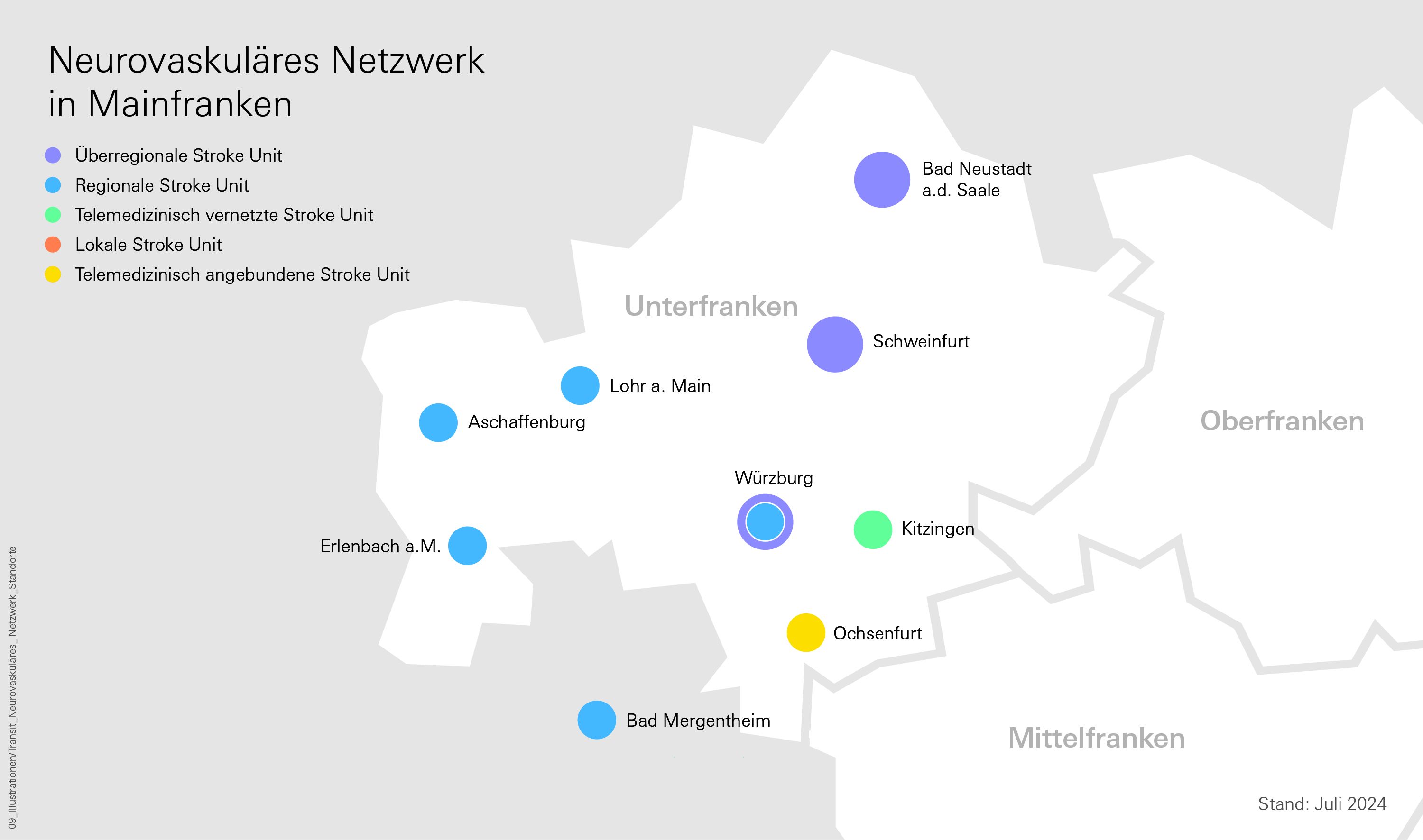 Übersichtskarte der teilnehmenden Einrichtungen am Neurovaskulären Netzwerk Unterfranken