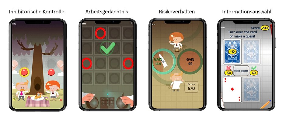 Screenshots der vier Smartphone-Spiele - Inhibitorische Kontrolle (Obst vom Baum auffangen), Arbeitsgedächtnis (Memory), Risikoverhalten und Informationsauswahl.