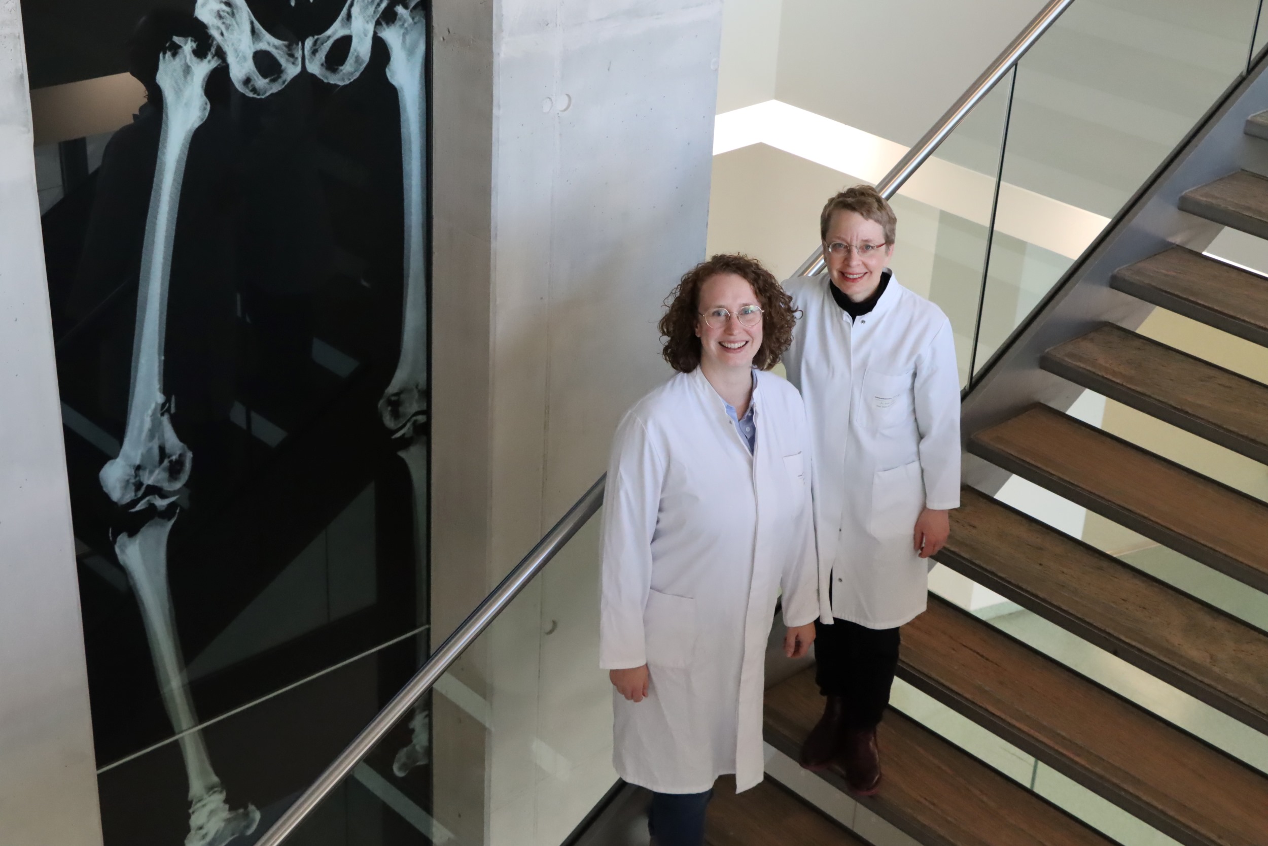 Anne Kollikowski und Franziska Jundt stehen auf einer Treppe im ZIM, im Hintergrund ist ein Fahrstuhl mit einem Röntgenbild eines Skeletts.