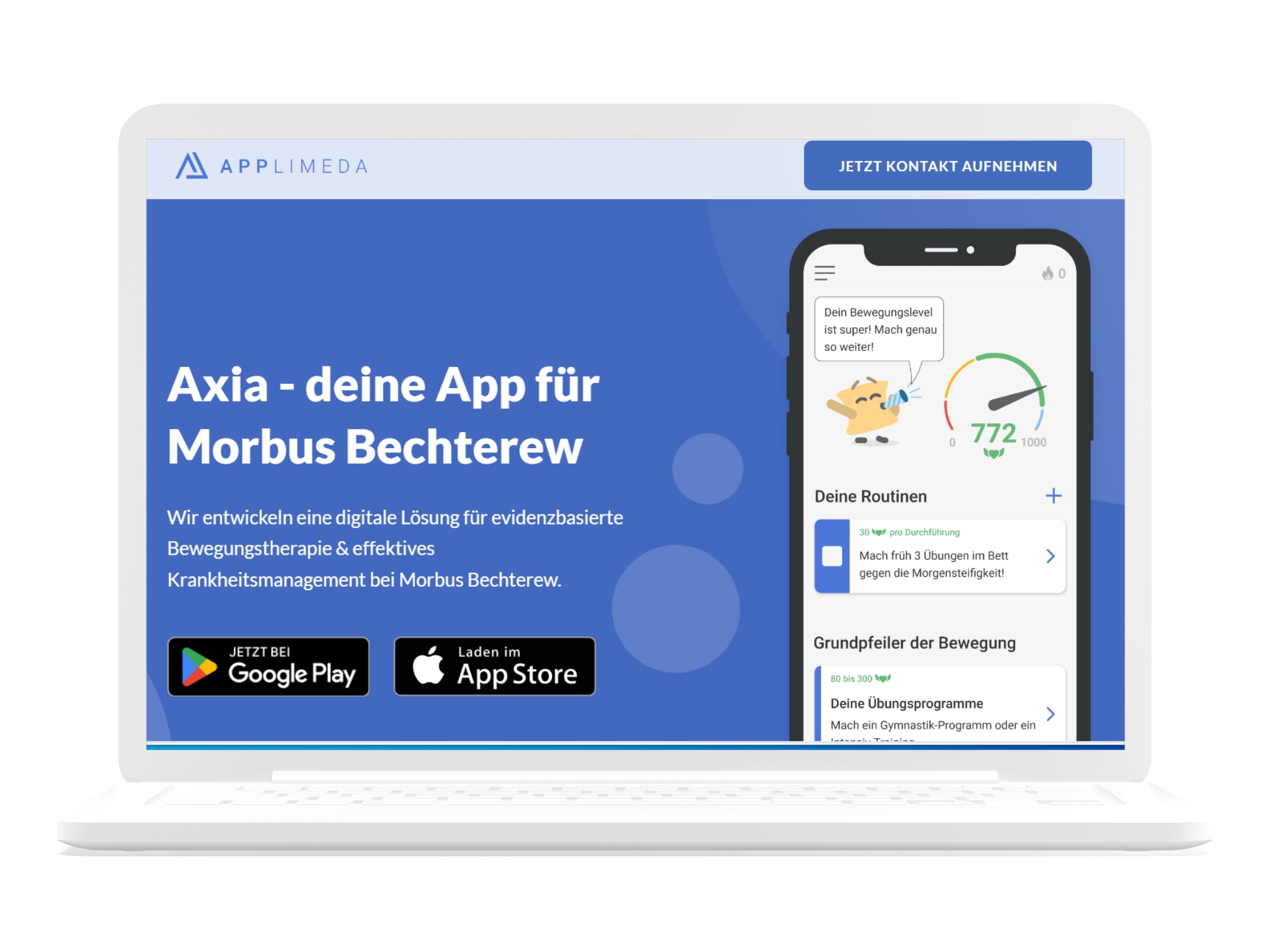 App Axia - Screenshot - Laptop Collage Laptop als Rahmen, innen ein Screenshot von der Applimeda-Webseite