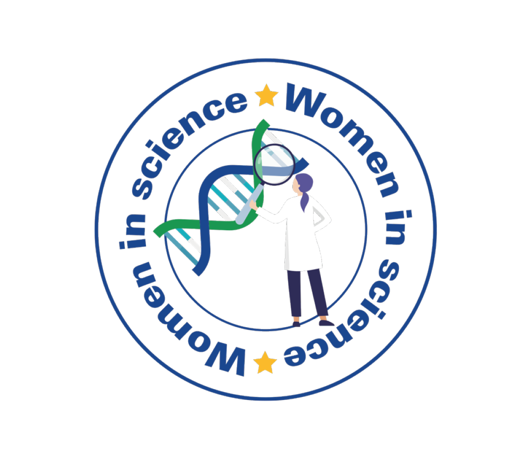 Das Logo "Women in Science" zeigt eine Frau, die mit einer Lupe einen DNA-Strang untersucht. Sie steht mittig in einem Kreis, der mit dem Schriftzug "Women in Science" umrundet wird.