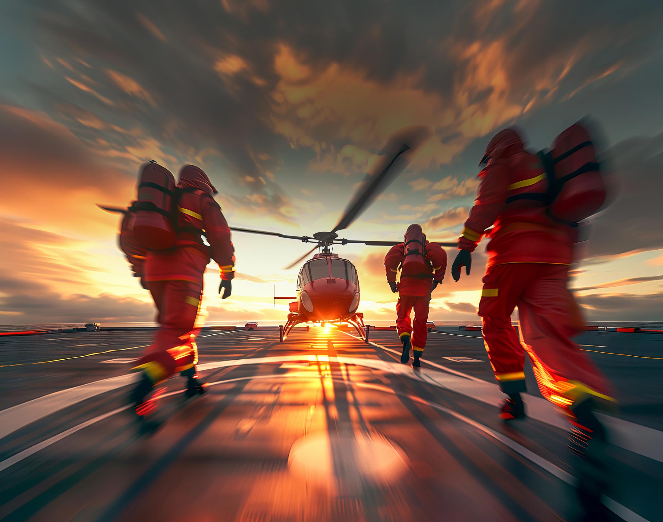 3 Personen in roten Anzügen mit roten Rucksäcken, die eilig auf einen roten Hubschrauber zusteuern. Das Bild erscheint durch Bewegungsunschärfe sehr dynamisch. Im Hintergrund Abendhimmel mit orange angestrahlten Wolken.