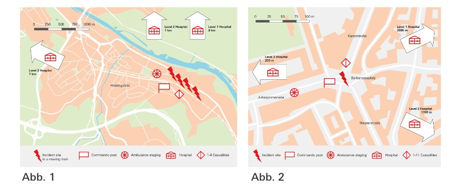 Karte der Terroranschläge 2016 und 2021 in Würzburg mit Einzeichnung der Rettungseinsätze und Krankenhäuser 