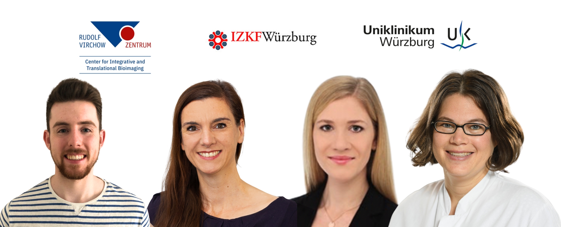Neurologie - RVZ Freigestellt Porträts der vier Forschenden, darüber die Logos von RVZ, IZKF und UKW